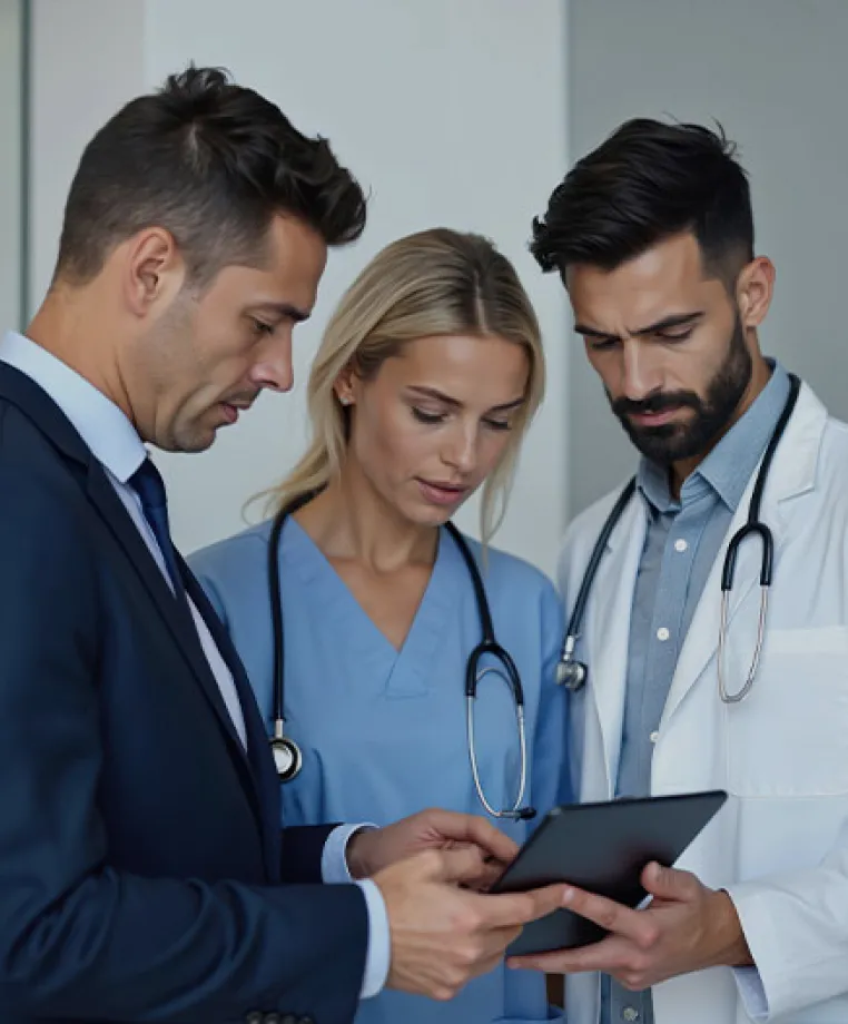 Business and healthcare professionals reviewing a tablet together