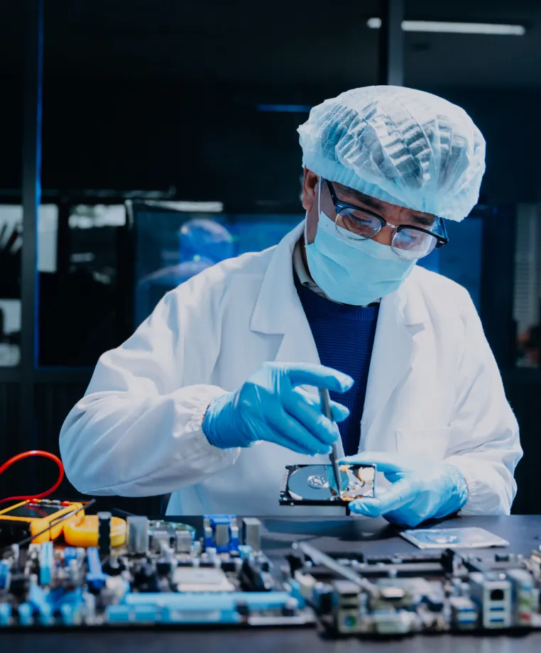 Technician in a hairnet and mask inspecting electronic components