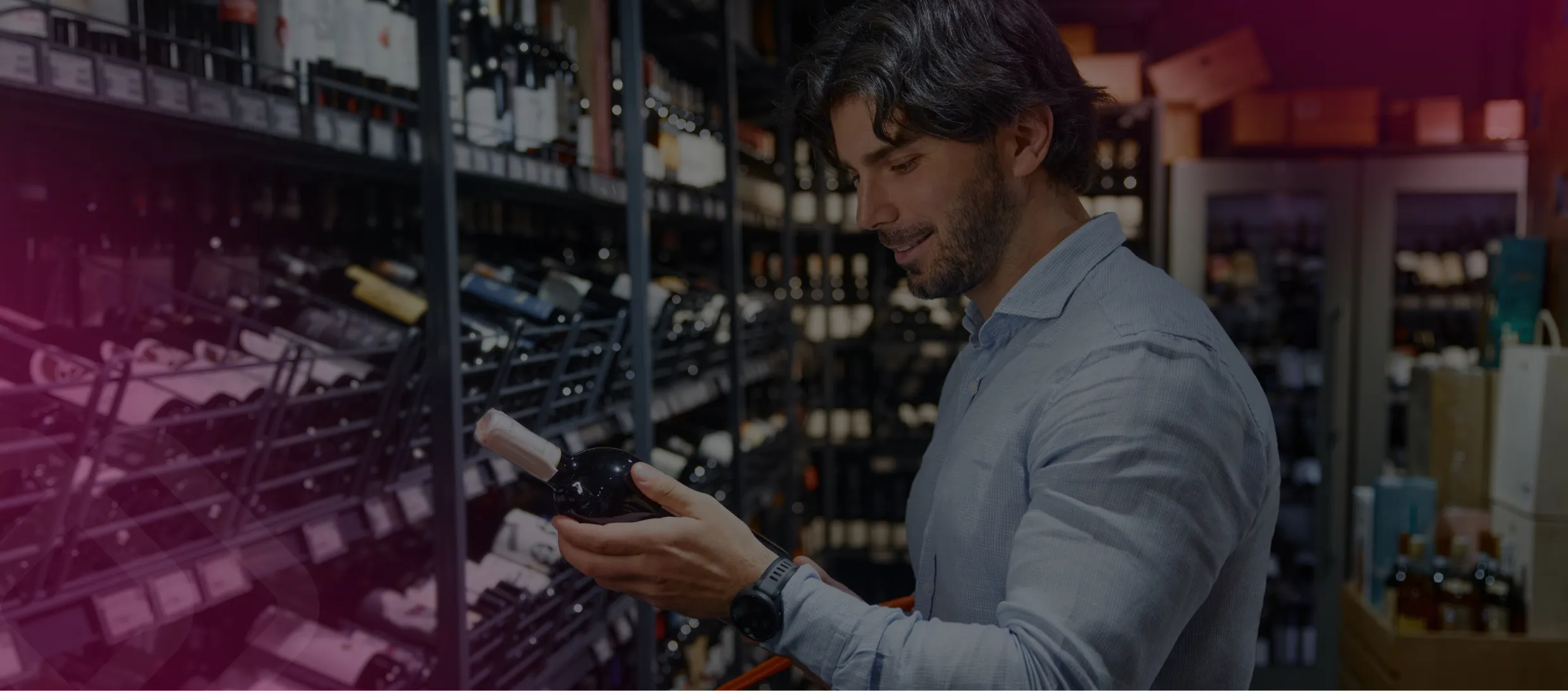 Customer browsing wine shelves with a phone