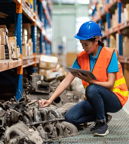 Worker in hi-vis using a tablet beside engine parts in a warehouse