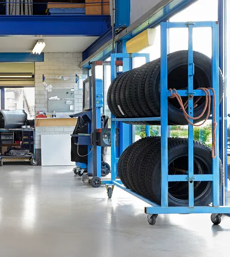 Tyres on a rack in a workshop