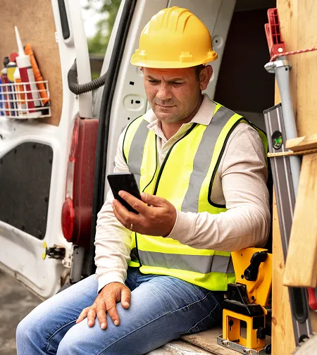 Worker in hi-vis using a phone in a van