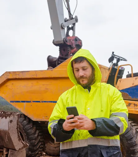 Worker in hi-vis using a phone by a dumper truck