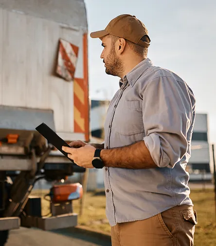Worker using a tablet beside a truck