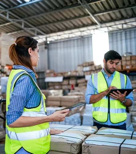 Two workers in hi-vis using a tablet in a warehouse
