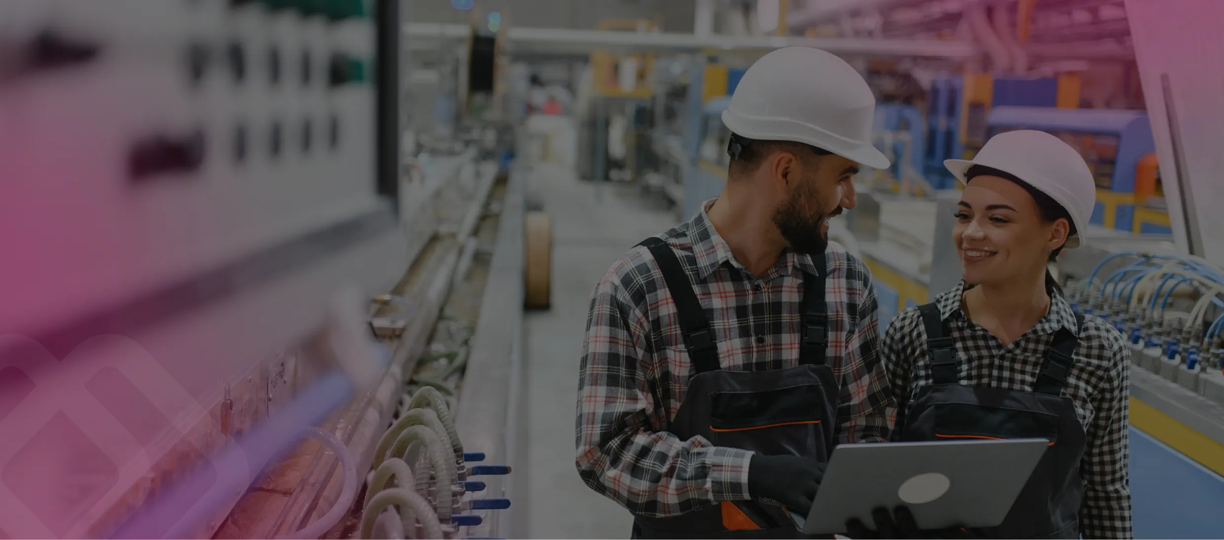 Two workers using a laptop in a plant