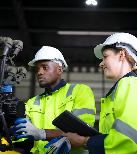 Two workers in hi-vis inspecting equipment