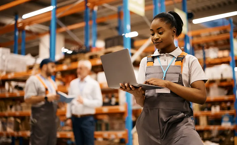 Two warehouse workers using a laptop among shelves