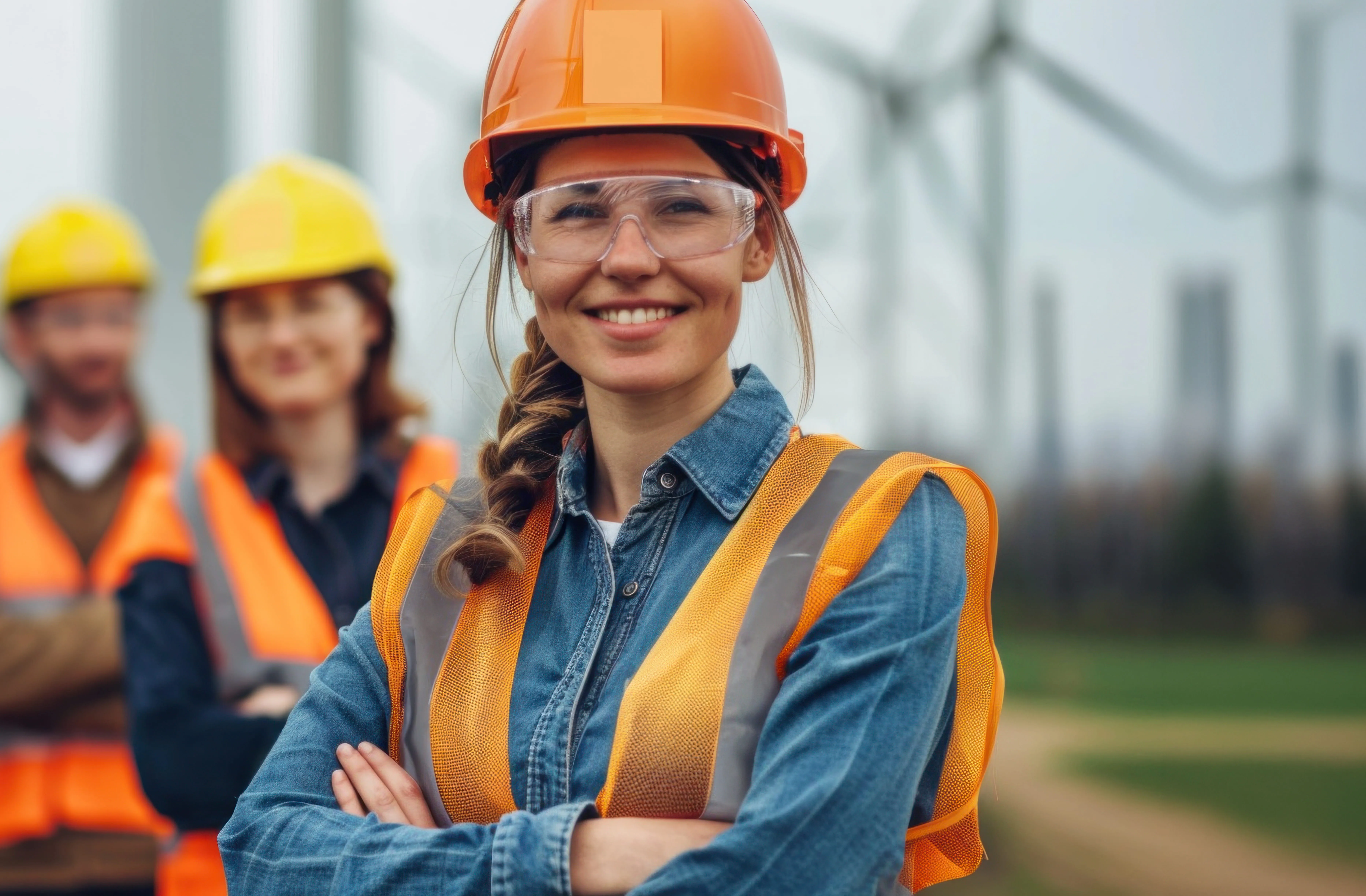 Smiling female engineer in hard hat and safety vest with crossed arms, with two workers blurred behind her.