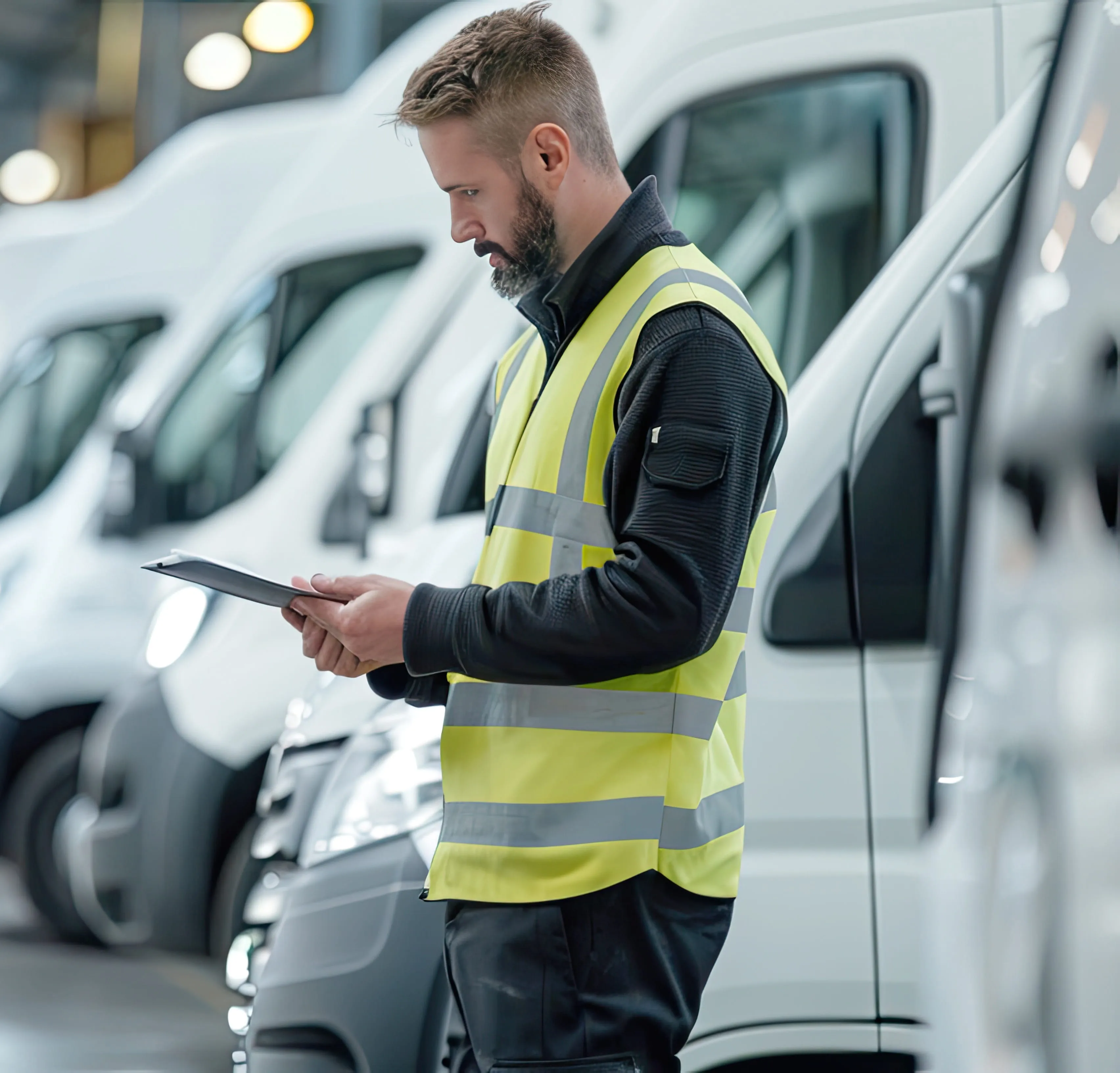 Worker in a high-visibility vest checks a clipboard in front of a row of white delivery vans.