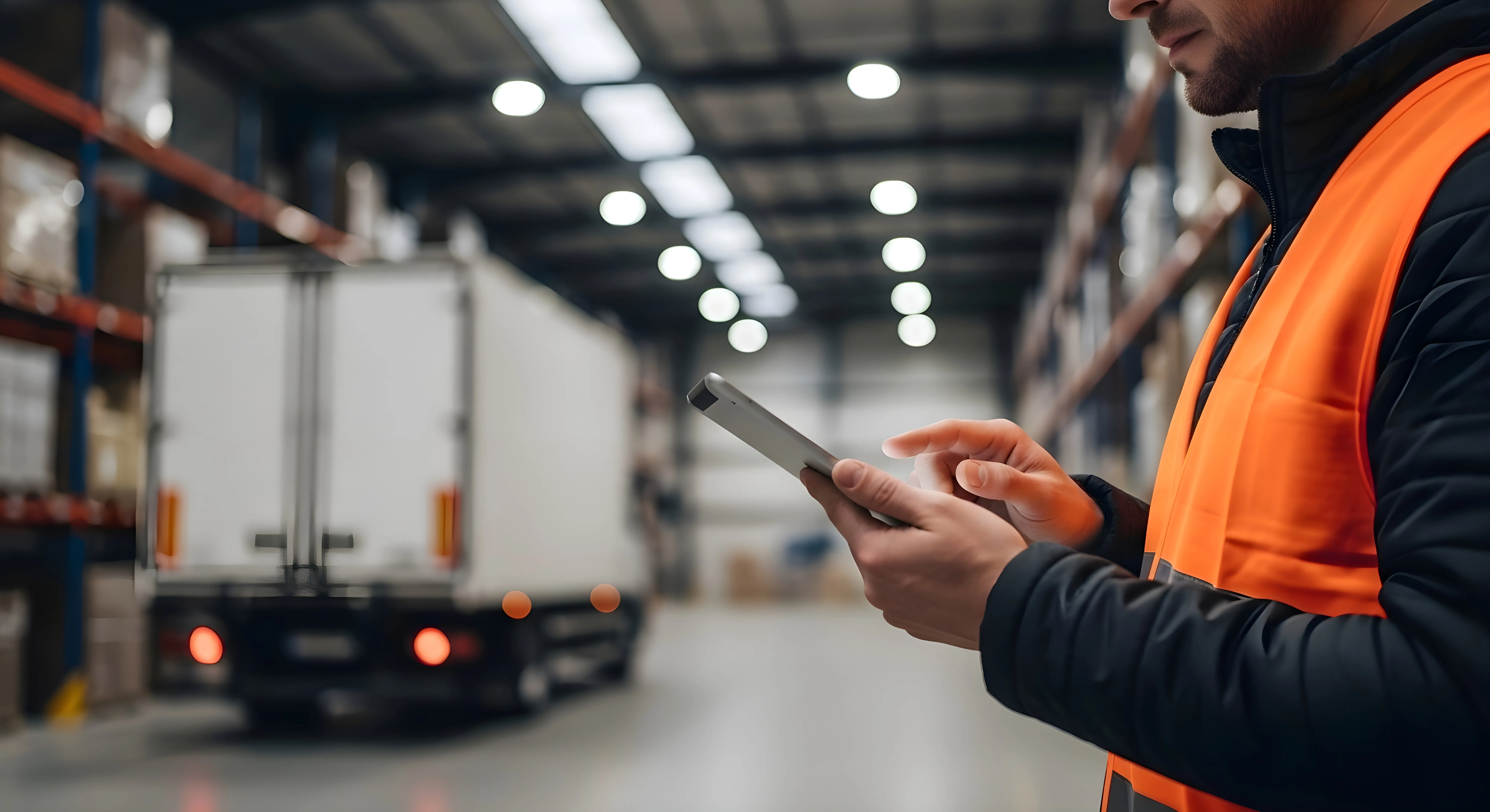 Worker in hi-vis using a tablet beside a truck