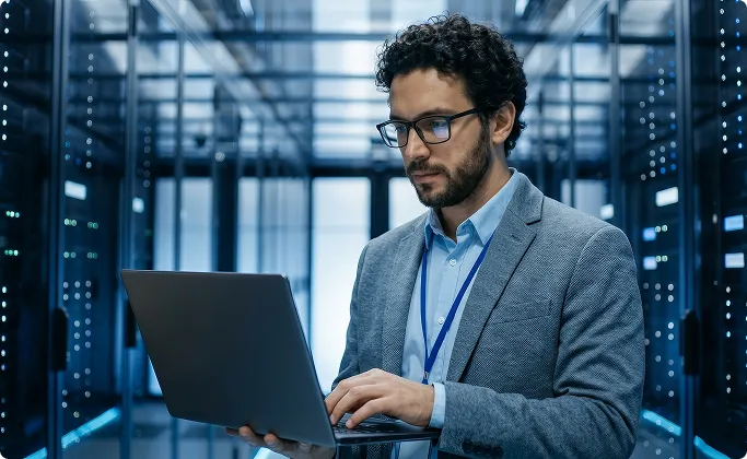 IT professional using a laptop in a server room
