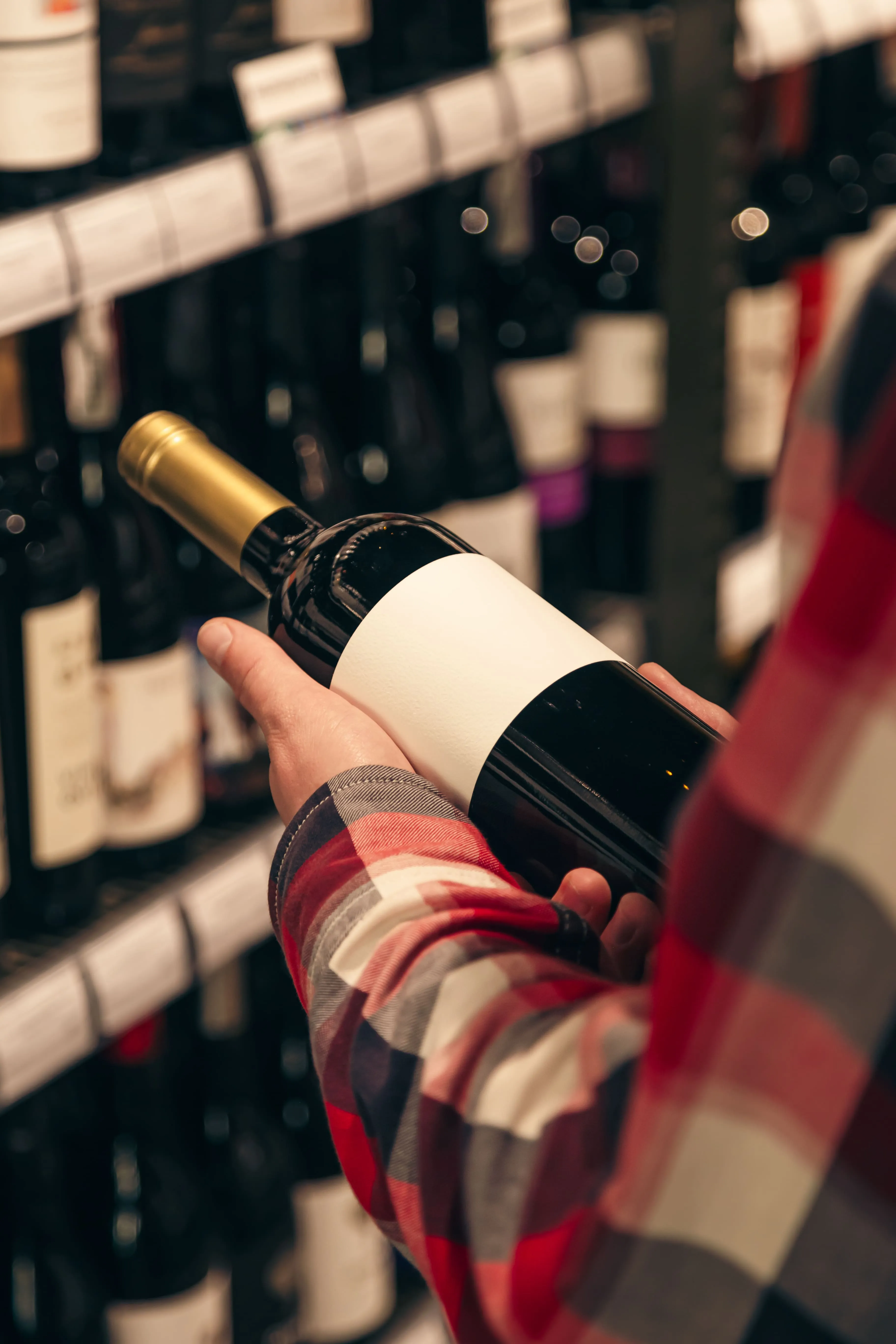Person selecting a bottle of wine from a shelf