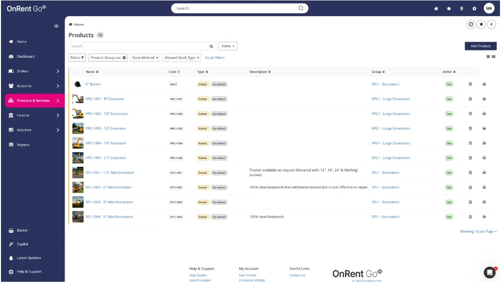 Screenshot of the OnRent Go products dashboard