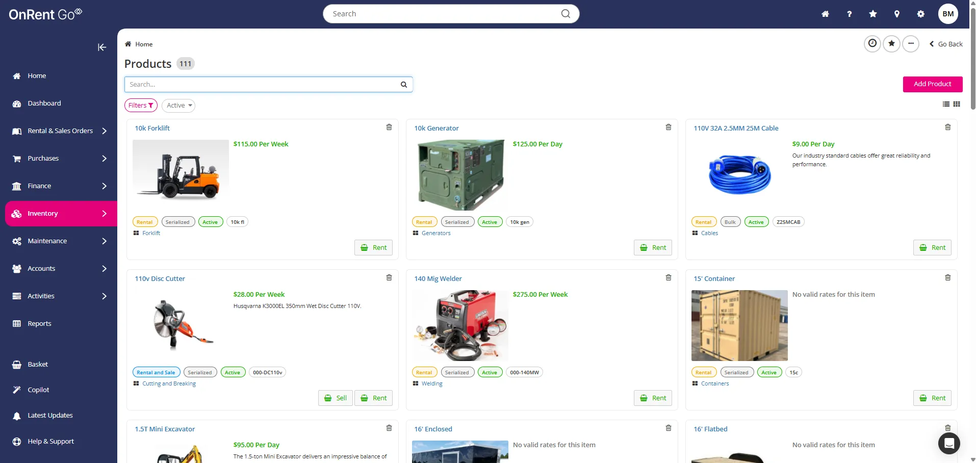 Screenshot of the OnRent Go products screen
