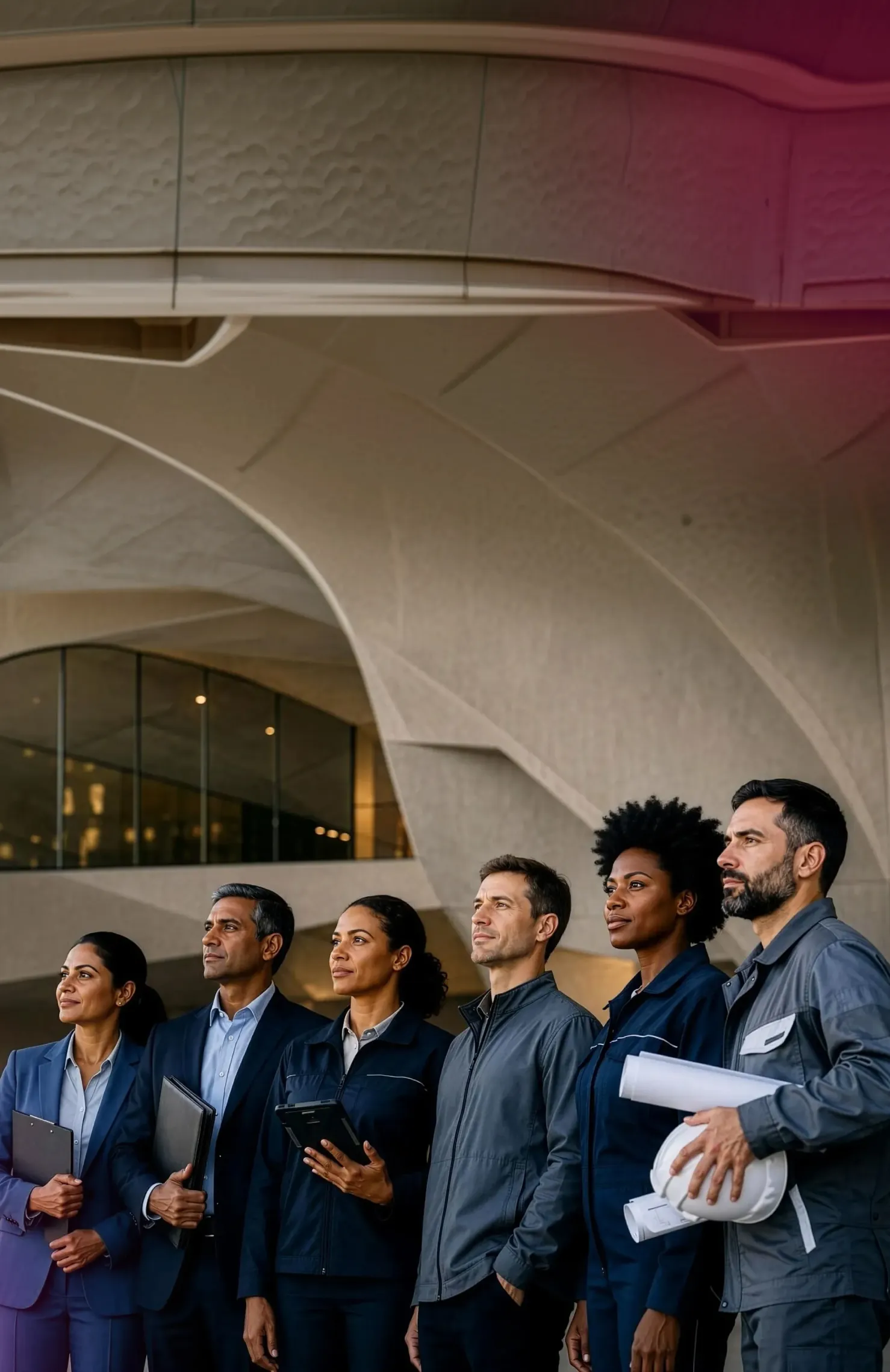 Six professional engineers and architects standing side by side inside a modern building with curved architectural ceiling, looking forward confidently; some hold clipboards, tablets, and rolled blueprints while one holds a white hard hat.