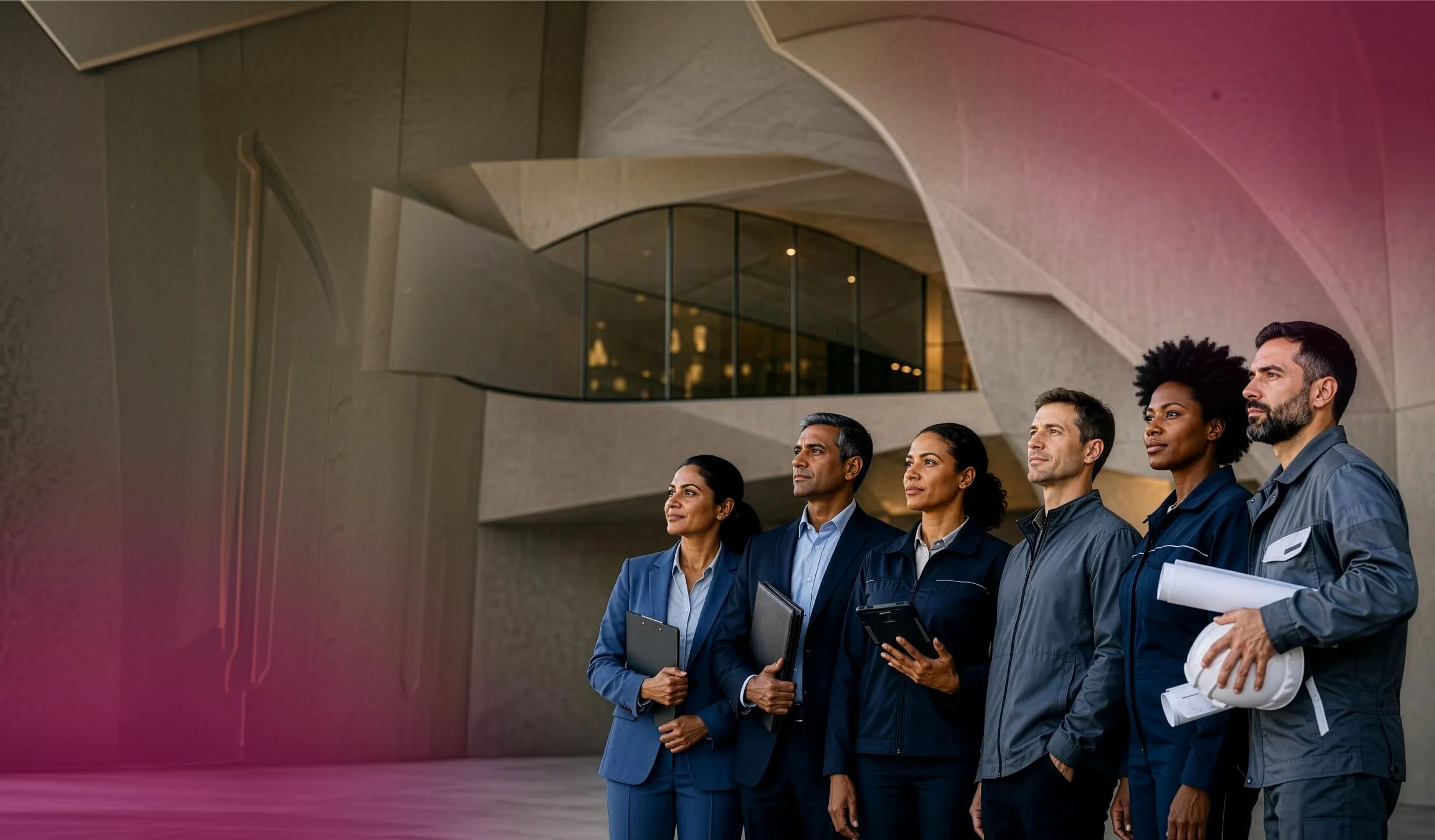 A diverse group of six professionals, including architects and engineers, stand side by side looking ahead with confidence inside a modern building with curved concrete architecture.