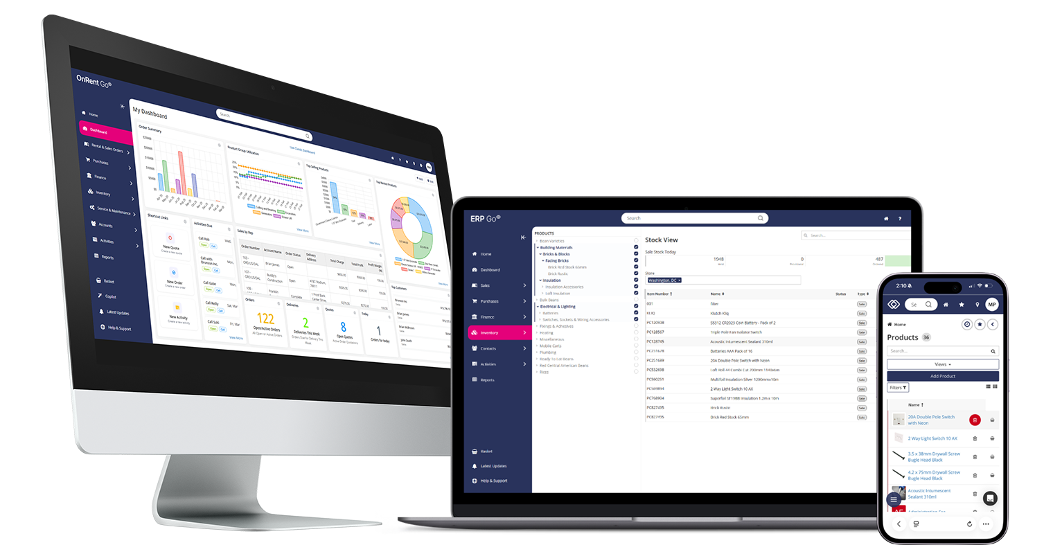 ERP Go inventory dashboard shown on laptop and phone