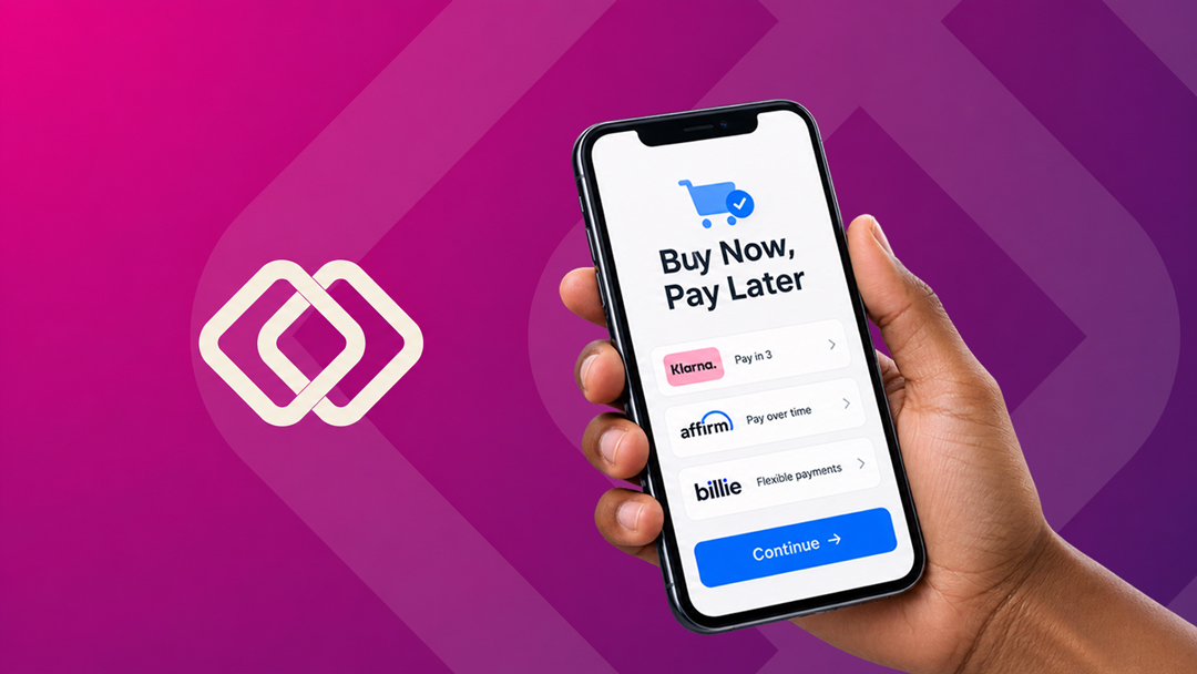 Customer using Buy Now, Pay Later options on a smartphone, including Klarna, Affirm and Billie.