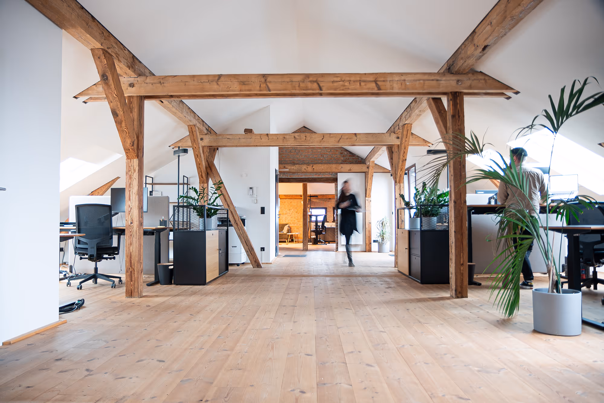 Ein heller Coworking Space mit Holzbalken, Schreibtischen, Stühlen, Pflanzen und zwei arbeitenden Personen.