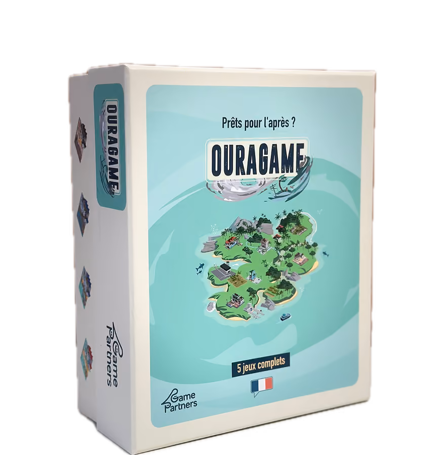 Boite du jeu OURAGAME pour la sensibilisation à la réaction face à des incidents climatiques type OURAGANS