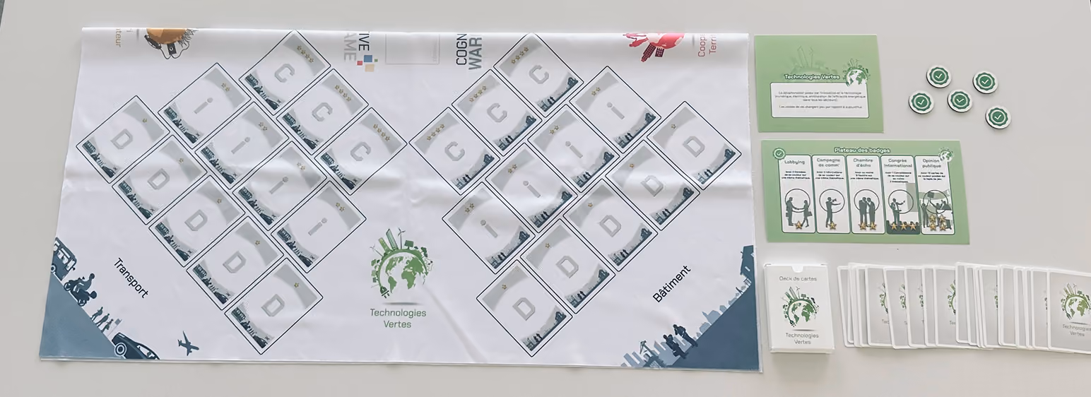 Plateau du jeu Cognitive Wargame déployé sur une table, avec les axes Transport et Bâtiment, le plateau des badges, les jetons et les decks de cartes Technologies Vertes