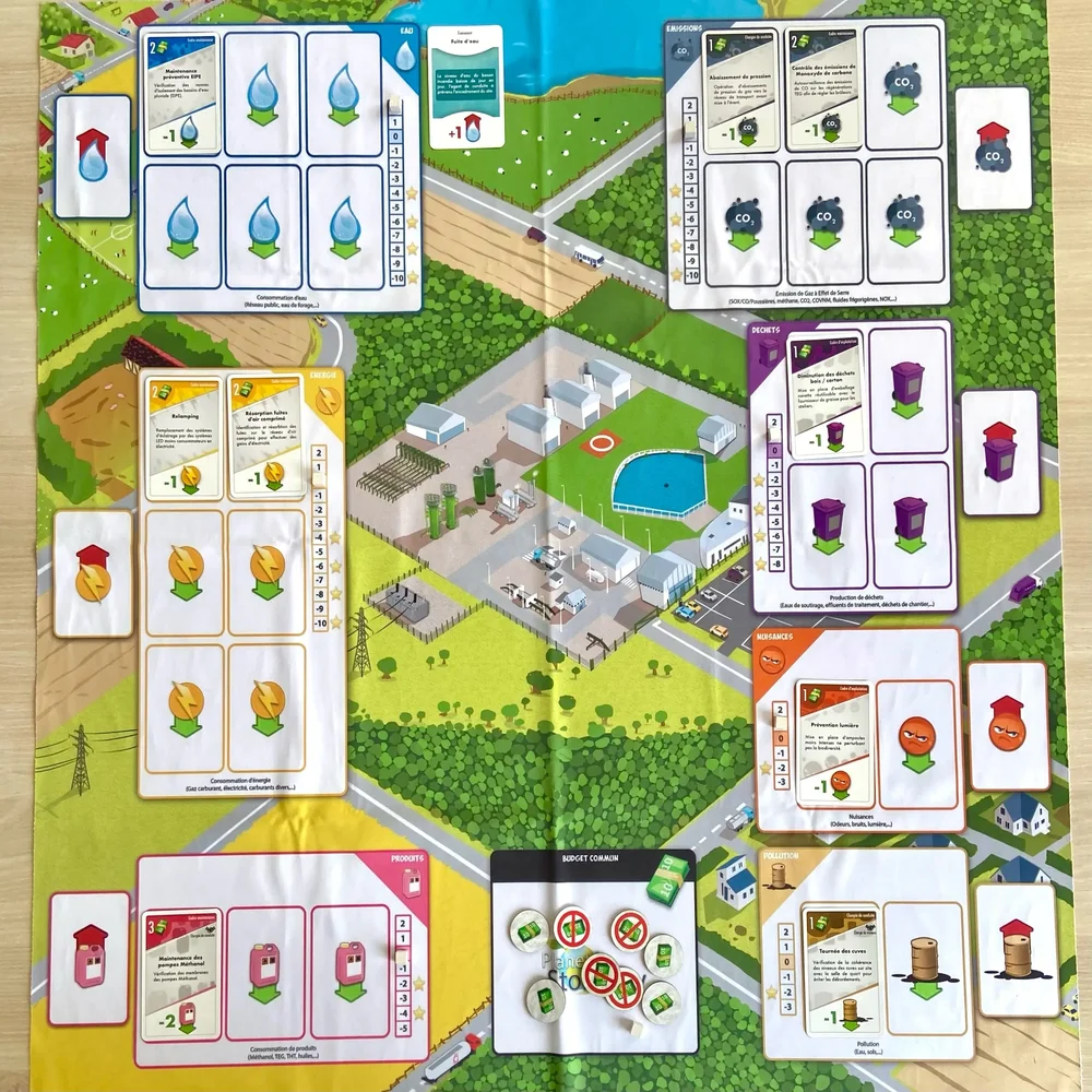 Plateau du jeu Planet' Storengy : carte d'un site de stockage entourée des cartes thématiques eau, CO2, énergie, déchets et biodiversité