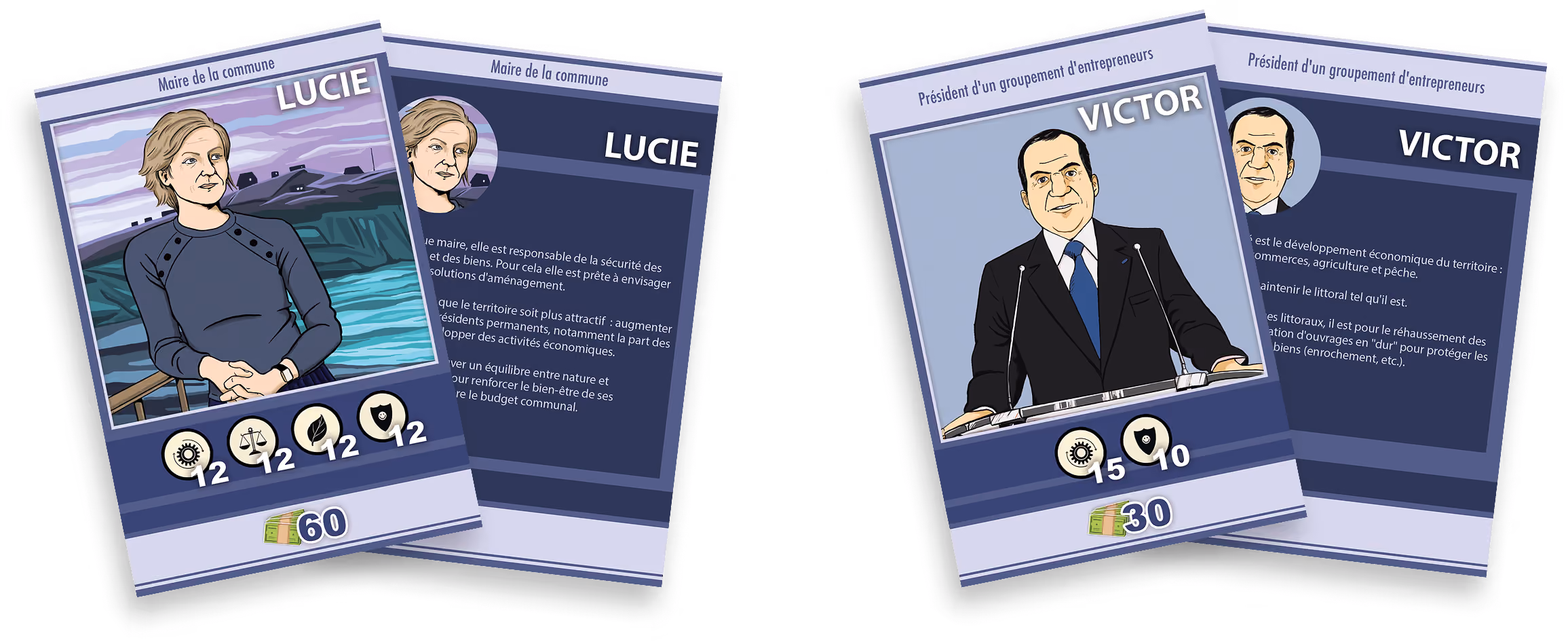 Cartes personnages du jeu Littopia : Lucie, maire de la commune, et Victor, président d'un groupement d'entrepreneurs, avec leurs objectifs et ressources