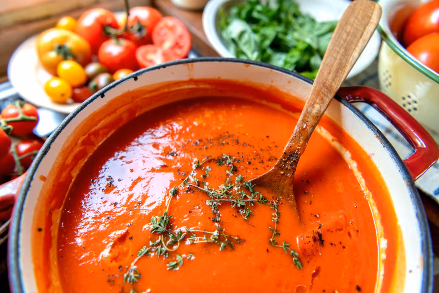 Pot of creamy tomato soup garnished with fresh thyme and black pepper, with fresh tomatoes and greens in background.