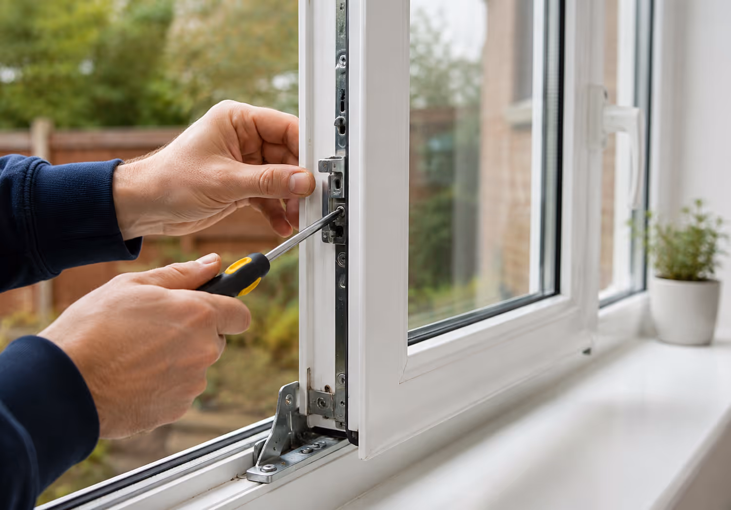 Unique windows NI doing a uPVC window lock and hinge repair being carried out with a screwdriver in Belfast