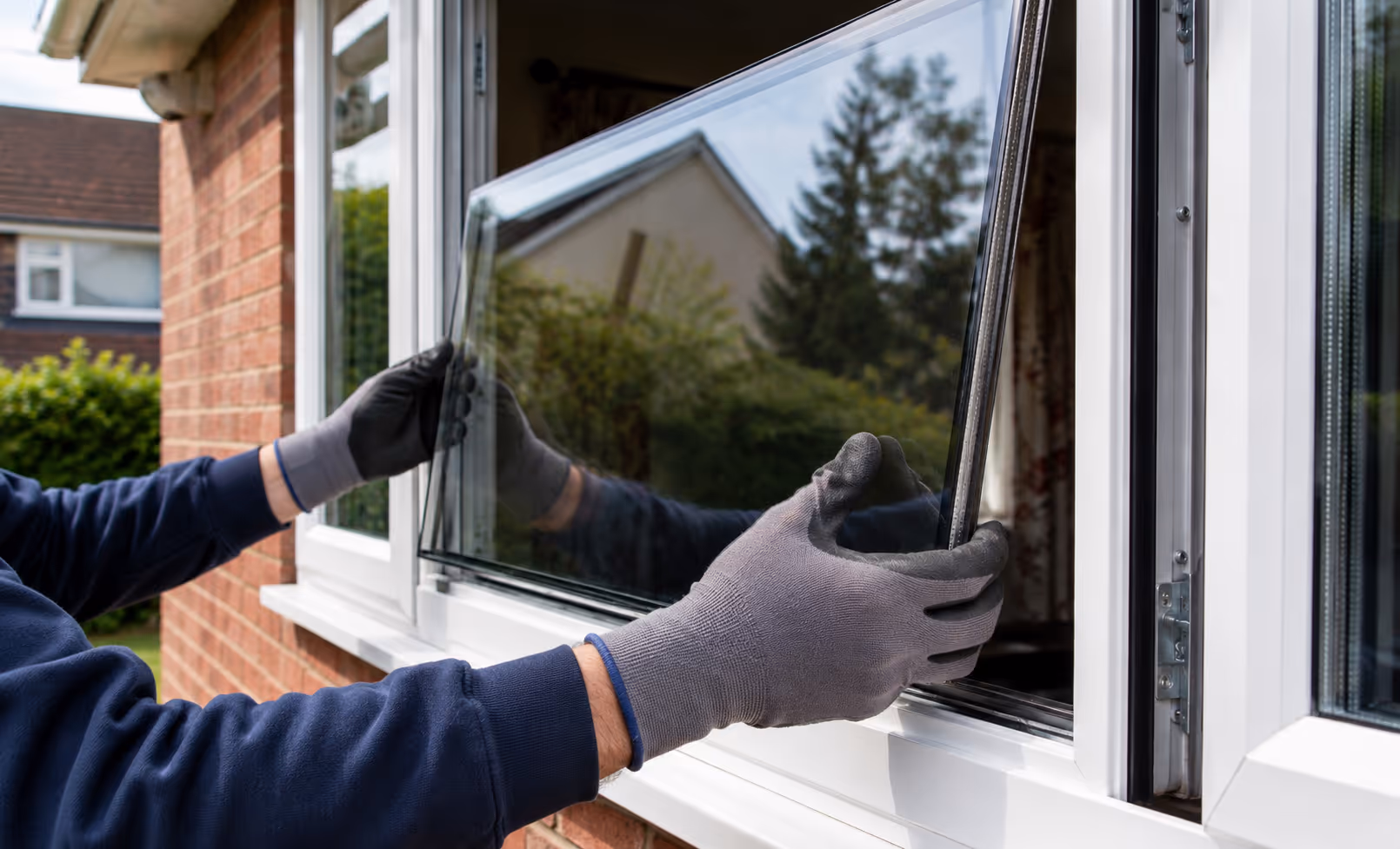 Glass pane being replaced in a white uPVC window frame