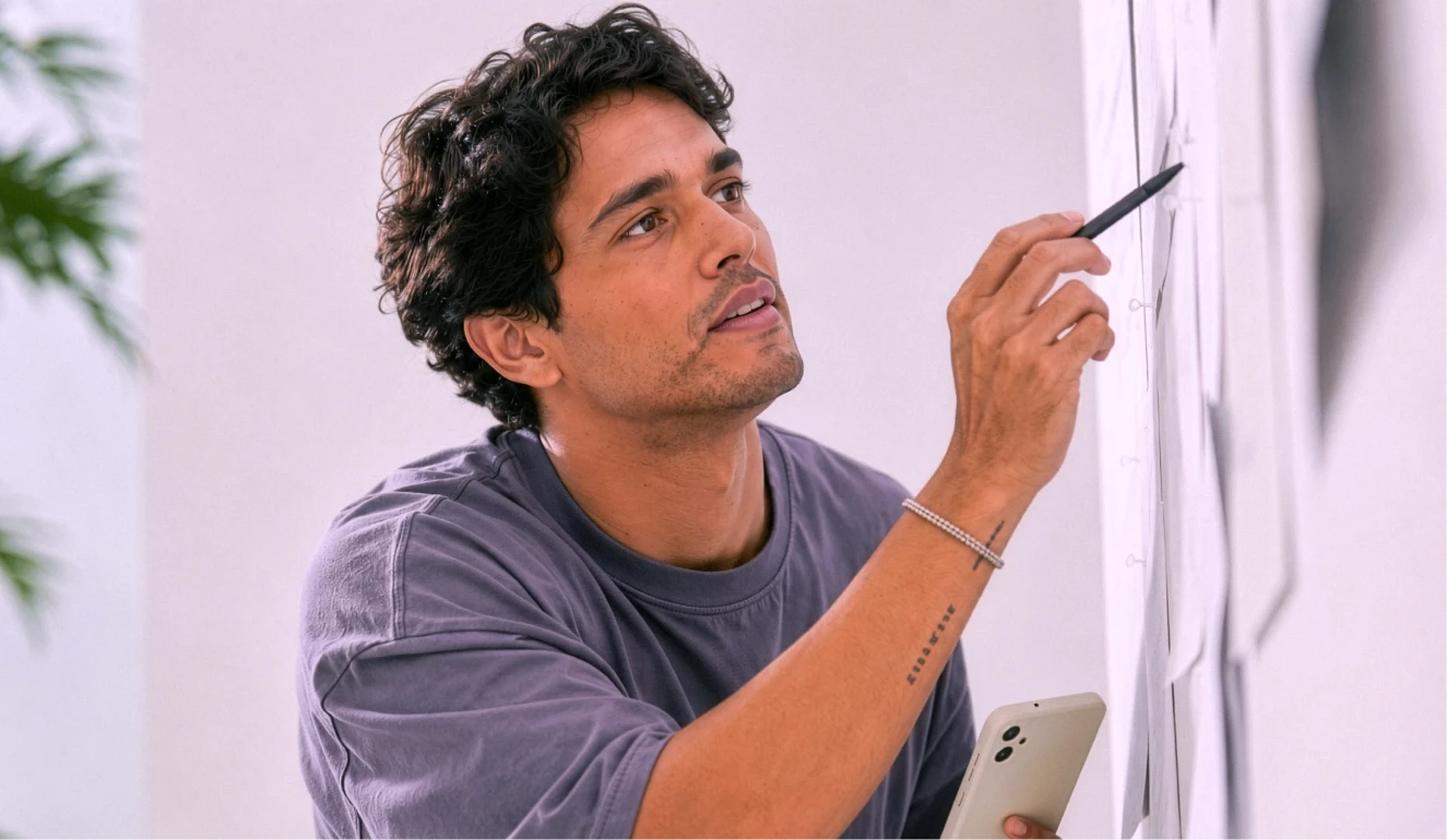 Homem segurando um celular enquanto escreve em um quadro branco.