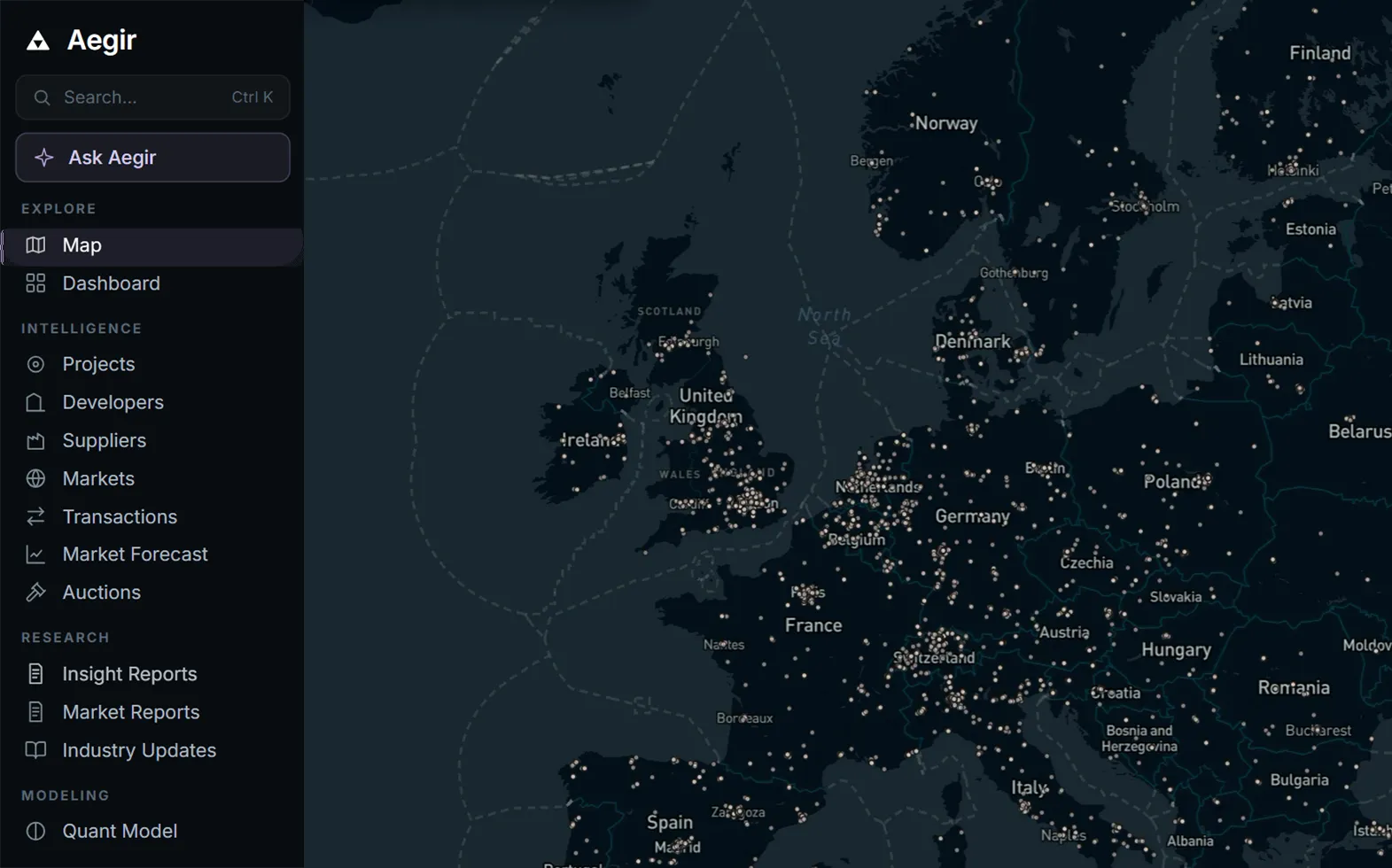 The Aegir platform's interactive map showing market coverage across Europe