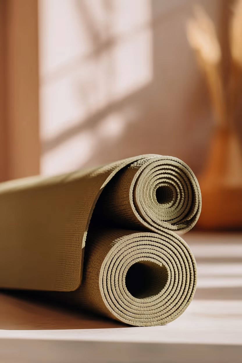 Two rolled olive-green yoga mats in soft sunlight