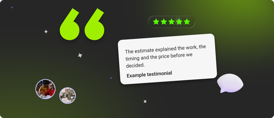 Testimonial quote card with star ratings and large quotation marks