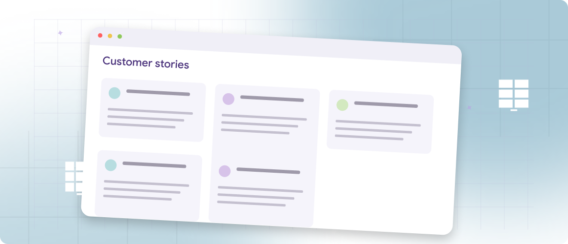 Browser window showing a grid of customer stories and testimonial cards