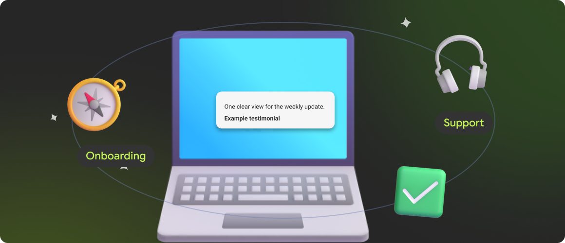 Laptop showing a SaaS customer testimonial with onboarding and support symbols