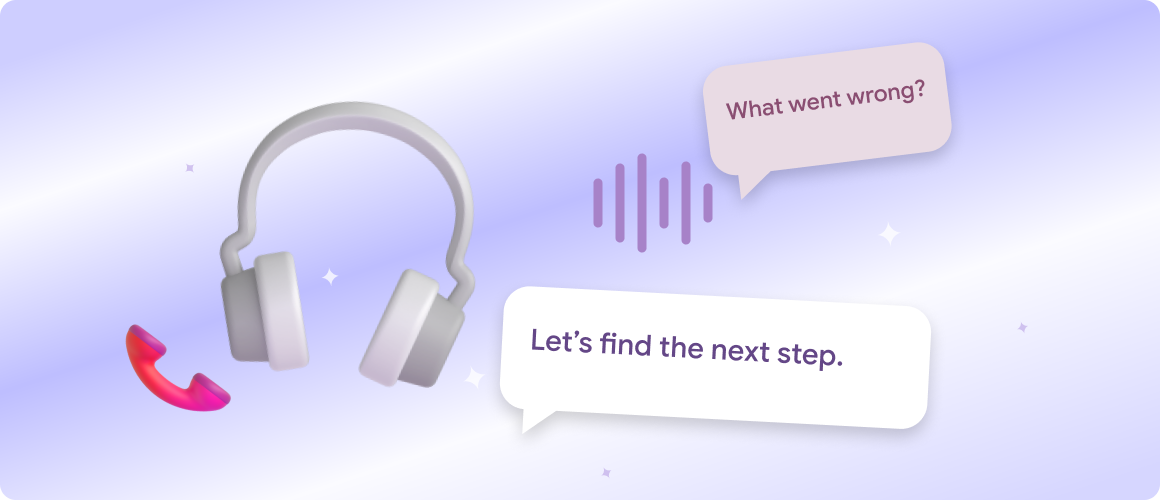 Support headphones beside a customer complaint and a next-step reply