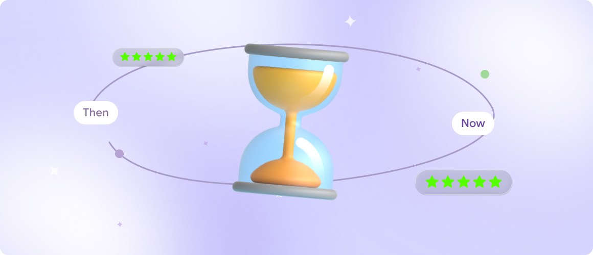 Hourglass comparing older and more recent customer star ratings