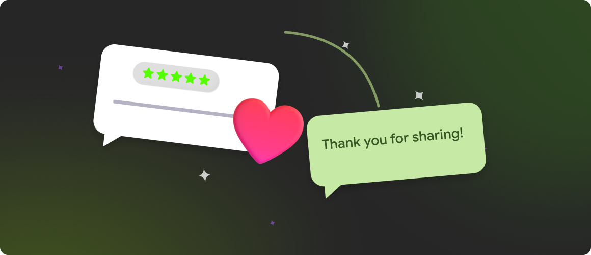 Five-star customer review with a heart and a thank-you response