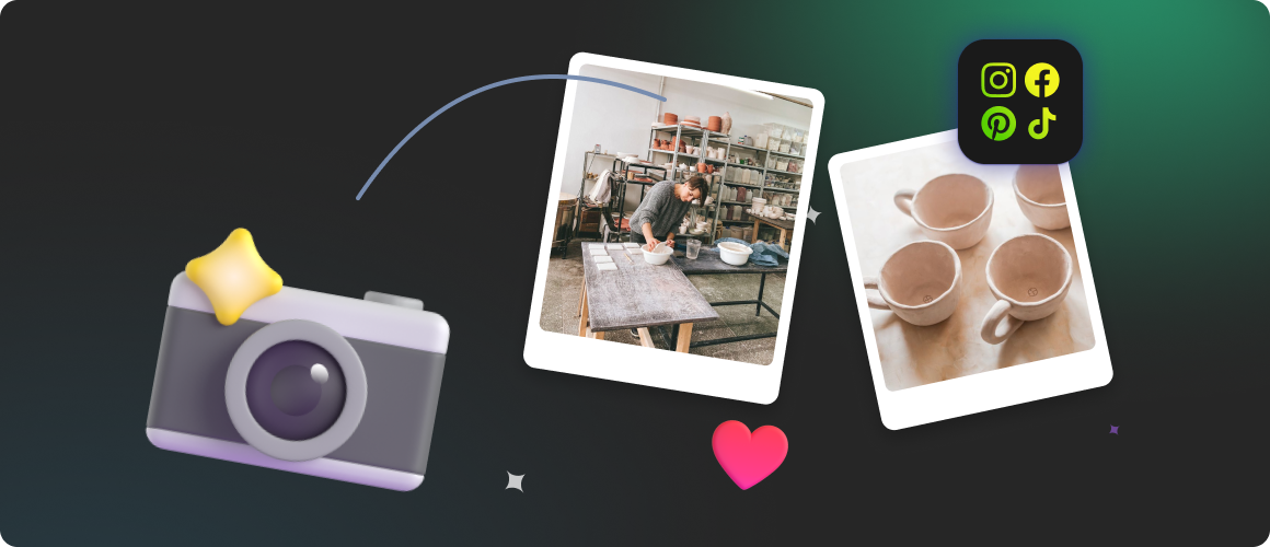 Camera and customer photographs beside social media platform icons