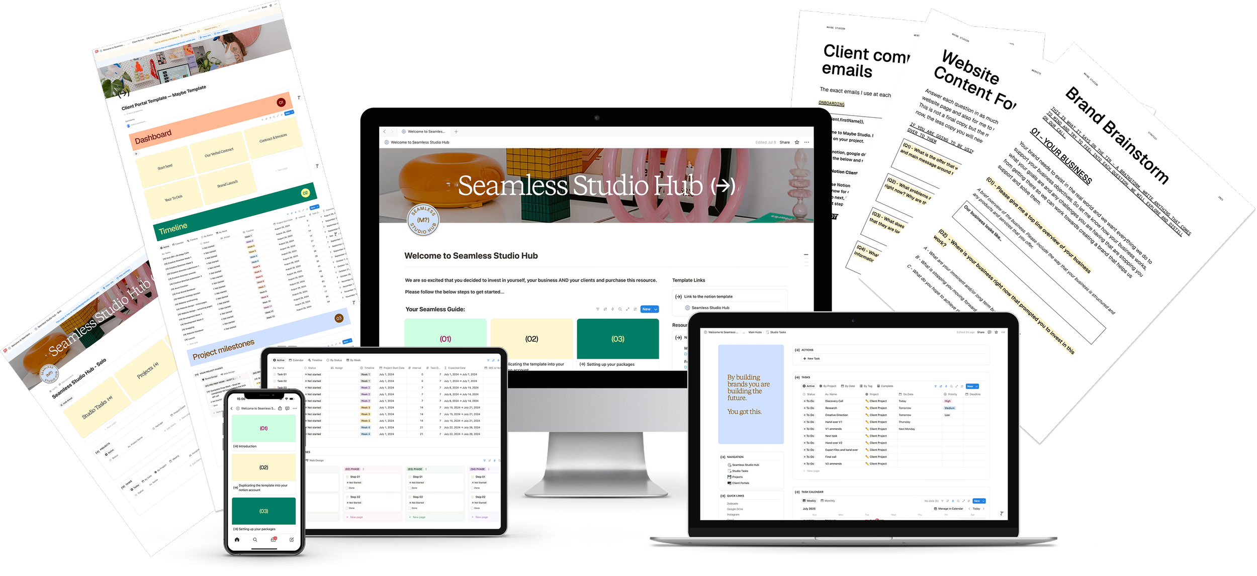 The Seamless Studio Hub Notion client portal shown on a desktop, laptop, tablet and phone: the welcome page, studio task list, client portal dashboard and project timeline, alongside the client communication emails, website content form and brand brainstorm documents