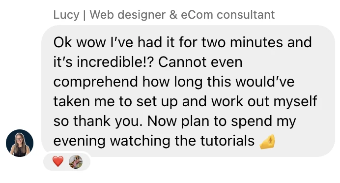 Message from a designer about the Seamless Studio Hub: "Ok wow I've had it for two minutes and it's incredible!? Cannot even comprehend how long this would've taken me to set up and work out myself so thank you. Now plan to spend my evening watching the tutorials."