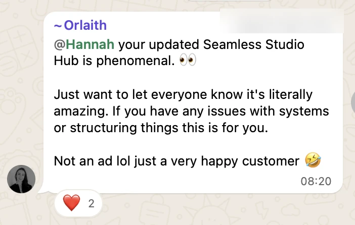 Message from a designer about the Seamless Studio Hub: "Your updated Seamless Studio Hub is phenomenal. Just want to let everyone know it's literally amazing. If you have any issues with systems or structuring things this is for you. Not an ad lol just a very happy customer."