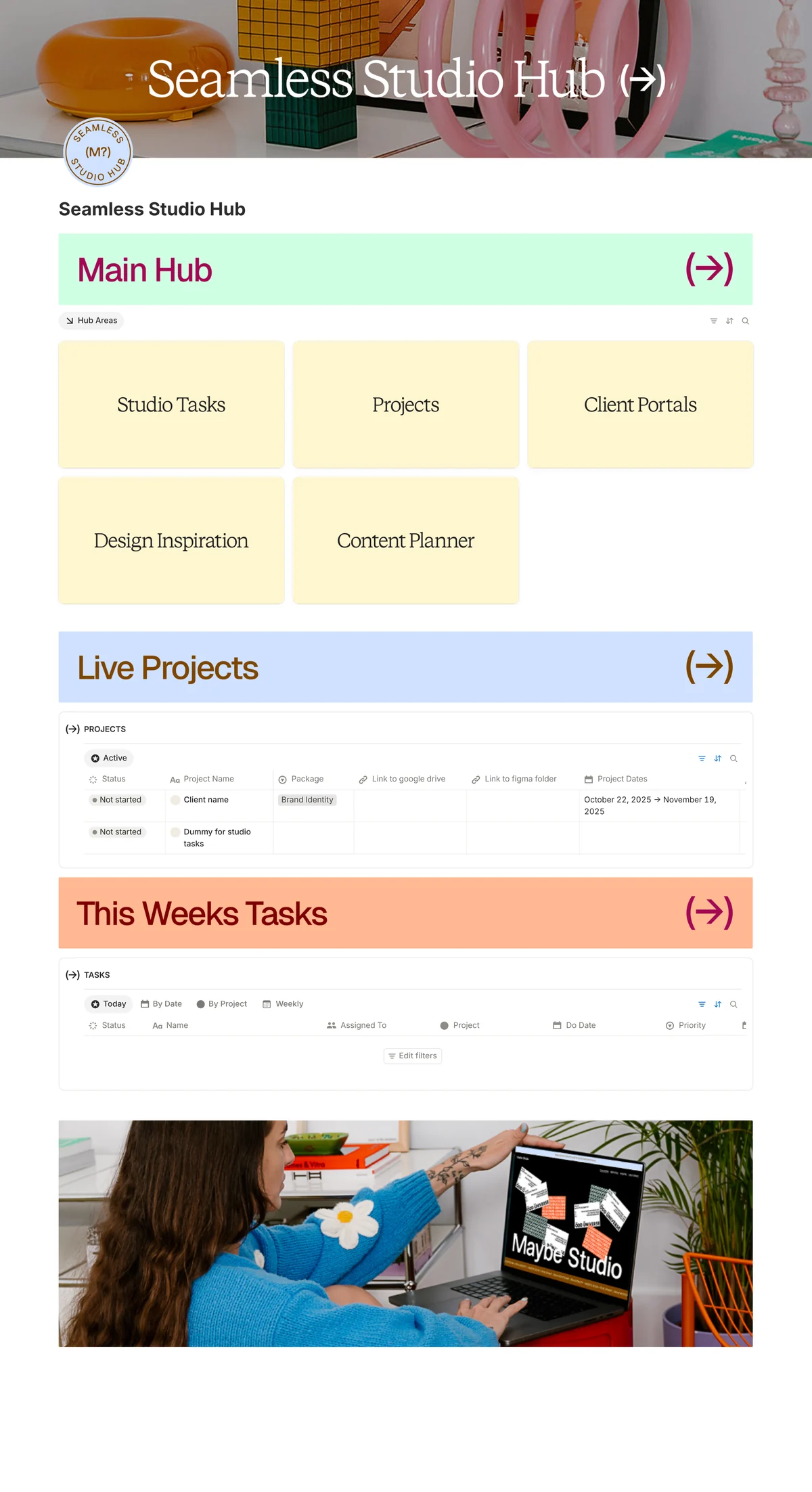 The Seamless Studio Hub dashboard in Notion, with hub areas for Studio Tasks, Projects, Client Portals, Inspo and Content Planner above the projects and tasks lists
