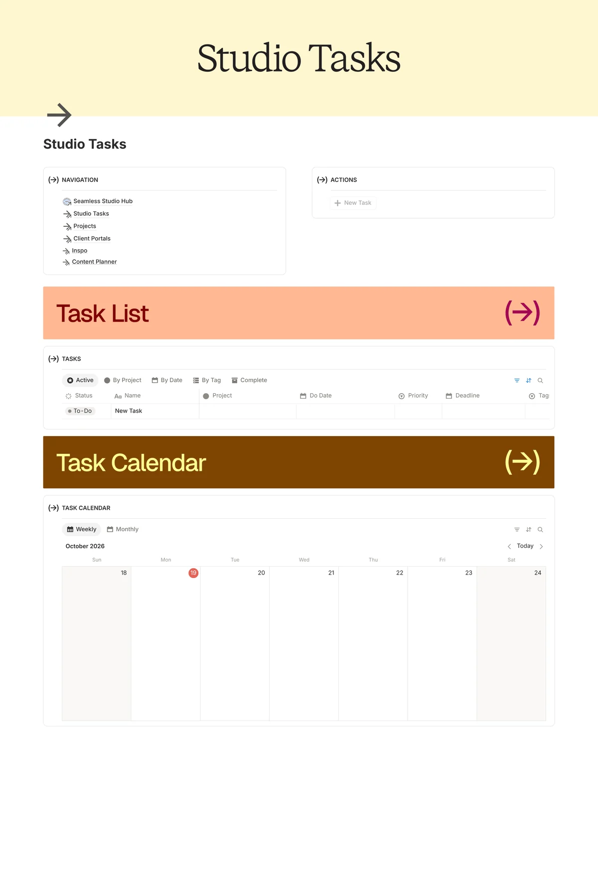 The Studio Tasks page in the Seamless Studio Hub: a weekly task calendar above a list of every task, tagged by project stage from onboarding to offboarding