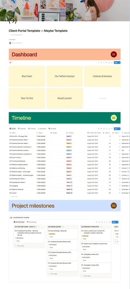 The client portal template in Notion, from the dashboard cards to the weekly project timeline and the board of project milestones