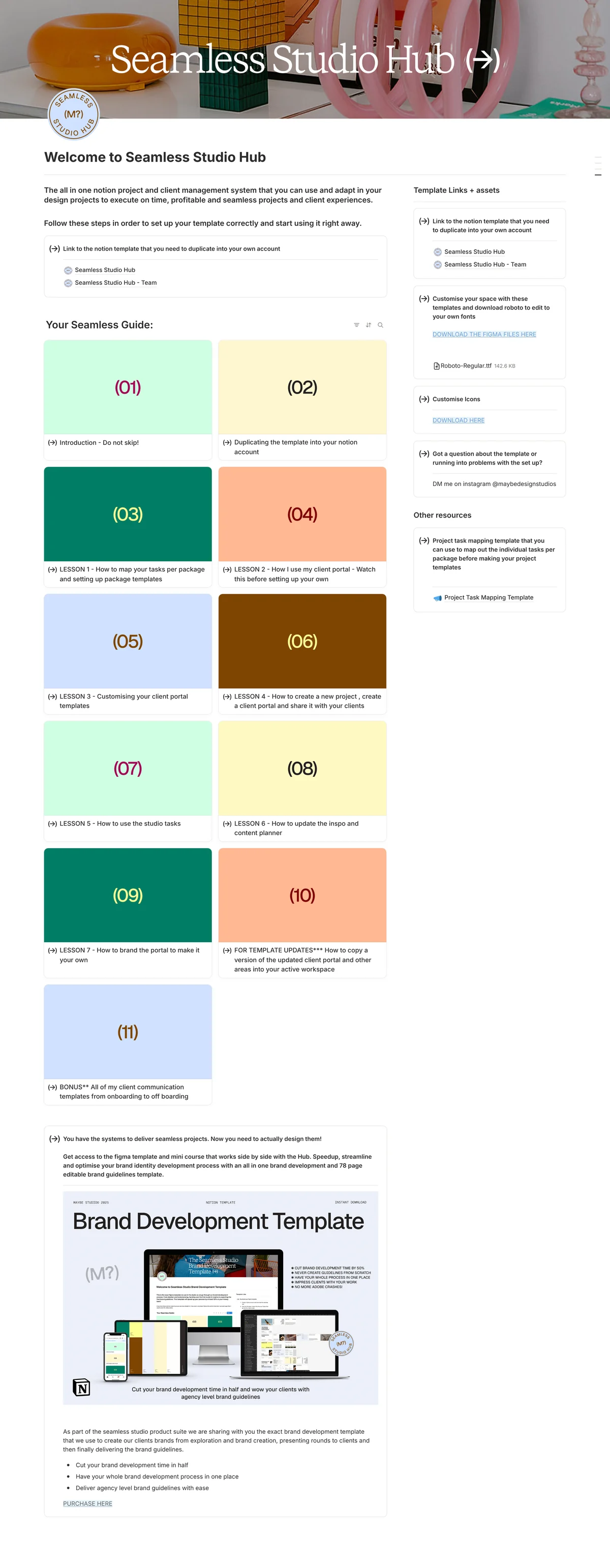 The Welcome page of the Seamless Studio Hub, with the step-by-step setup guide: an introduction, how to duplicate the template and seven video lessons