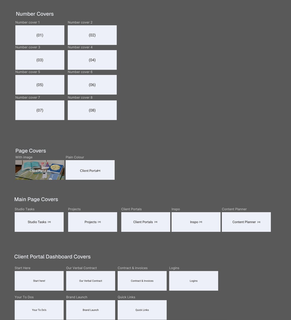 The Seamless Studio Hub Figma templates: number covers 01 to 08, page covers with an image or plain colour, main page covers for Studio Tasks, Projects, Client Portals, Inspo and Content Planner, and client portal dashboard covers