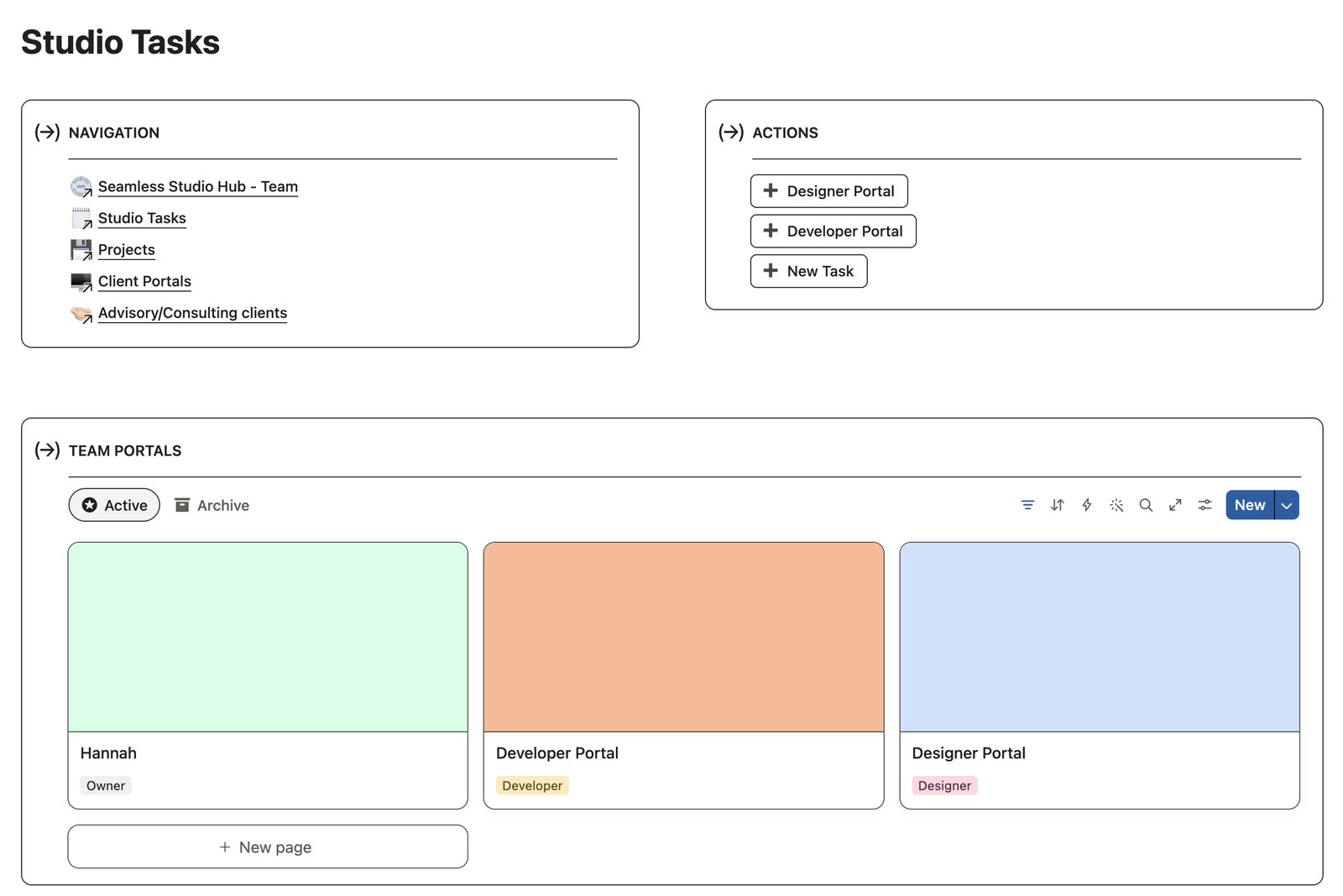 The Studio Tasks page in the Team version of the Seamless Studio Hub, with navigation, quick actions to add a designer portal, developer portal or new task, and team portal cards for the owner, a developer and a designer